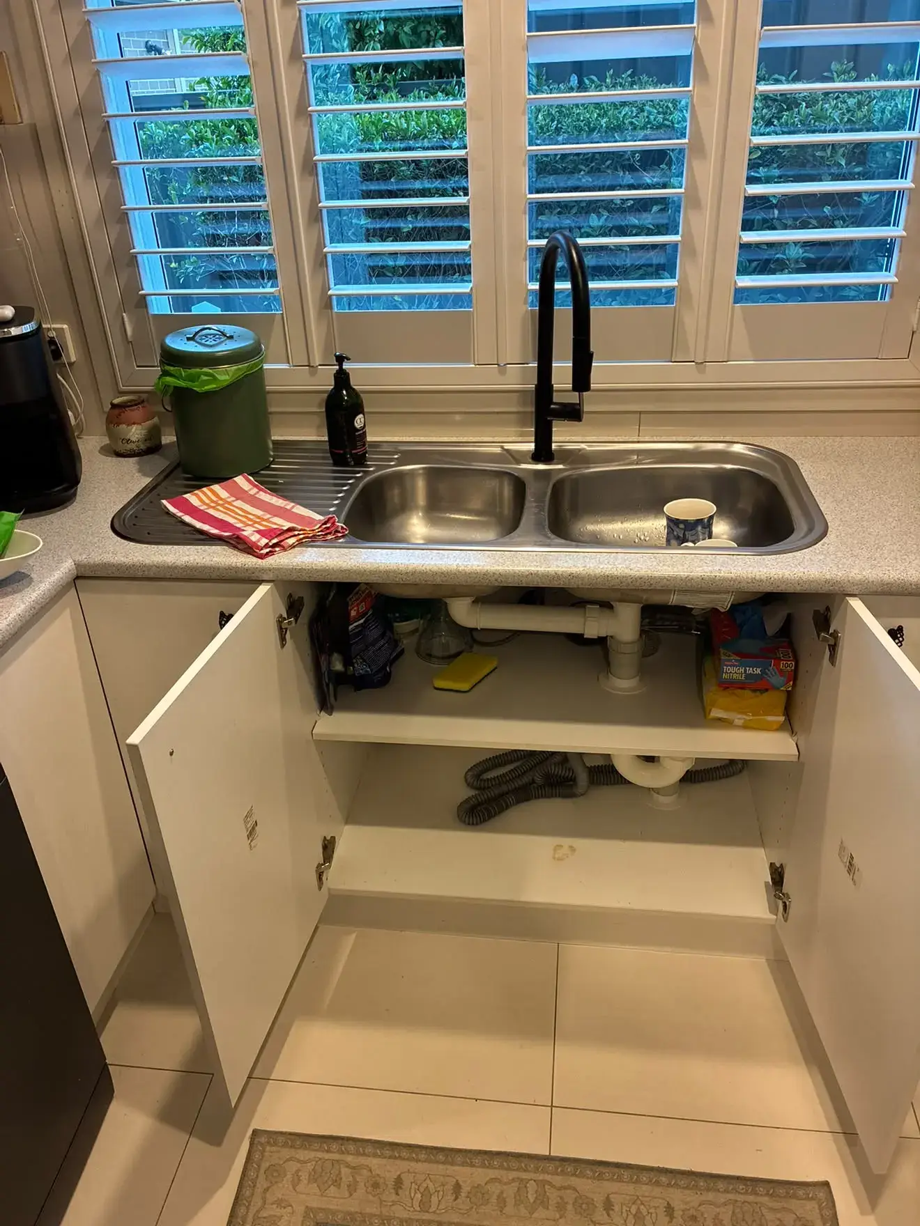 Before: the old stainless double sink, Balcolyn.
