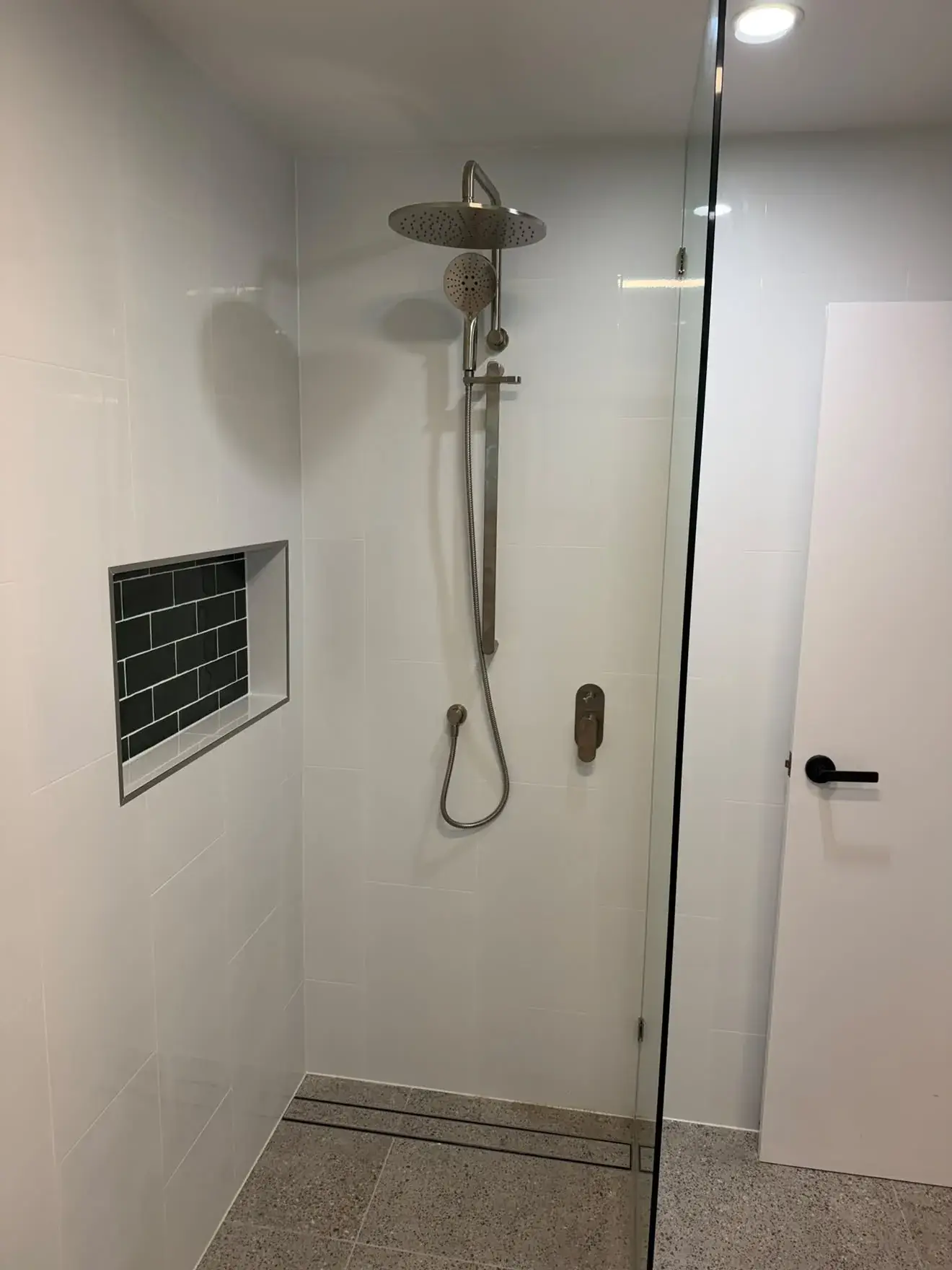 Rail shower, tiled niche and linear drain in the new shower, Bateau Bay.