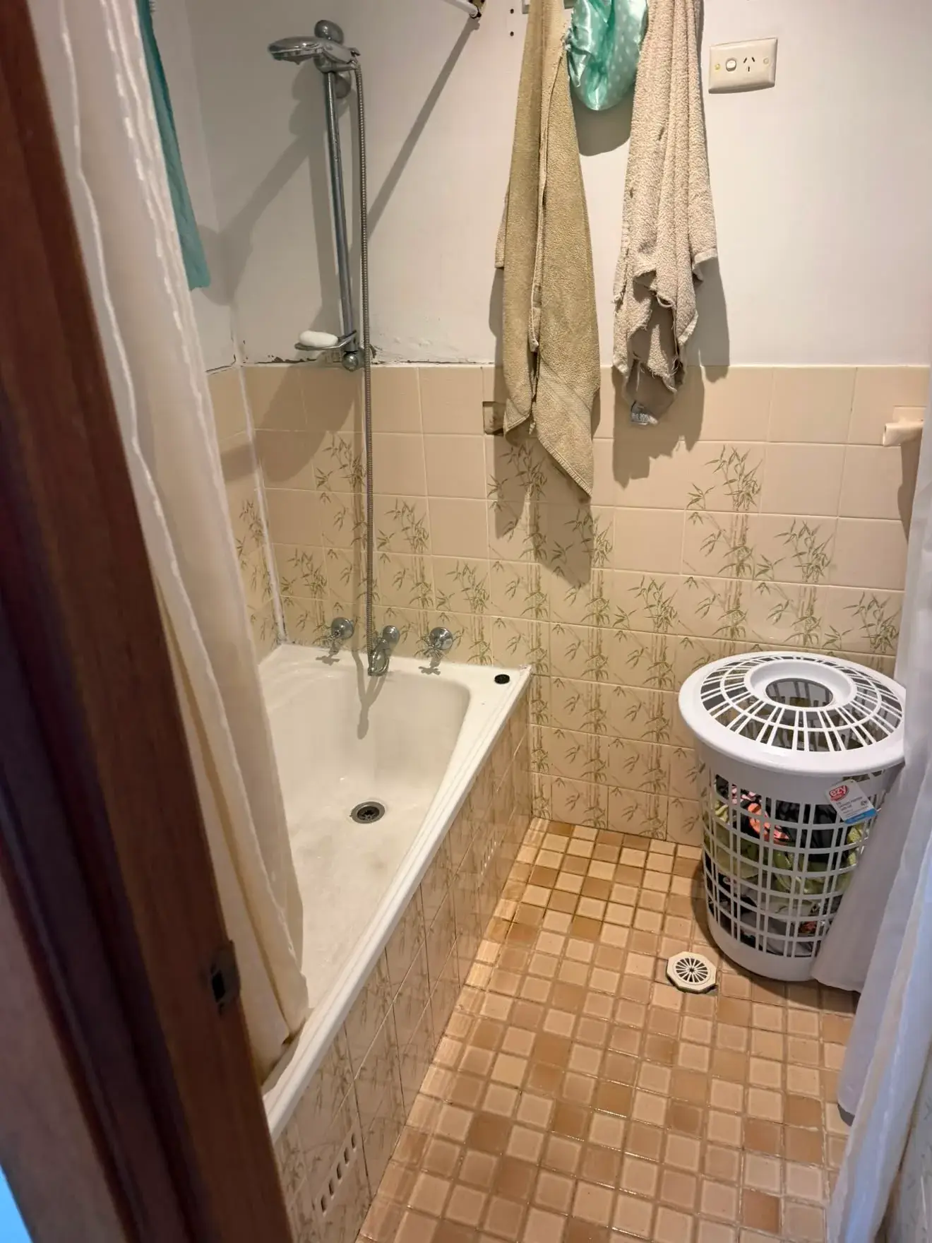 Lake Munmorah bathroom before the renovation: original bath, shower rail and mosaic floor tiles.