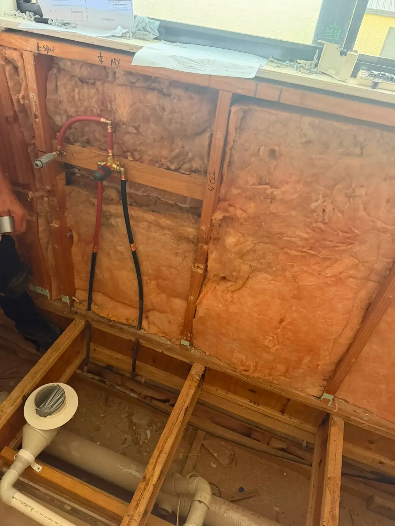 Wall and floor opened up for the rough-in, Wyee Point bathroom.