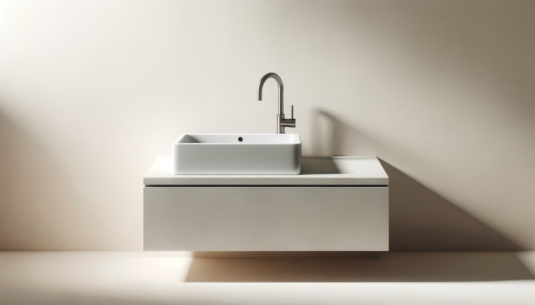 White vessel basin and brushed mixer on a floating vanity against a beige wall
