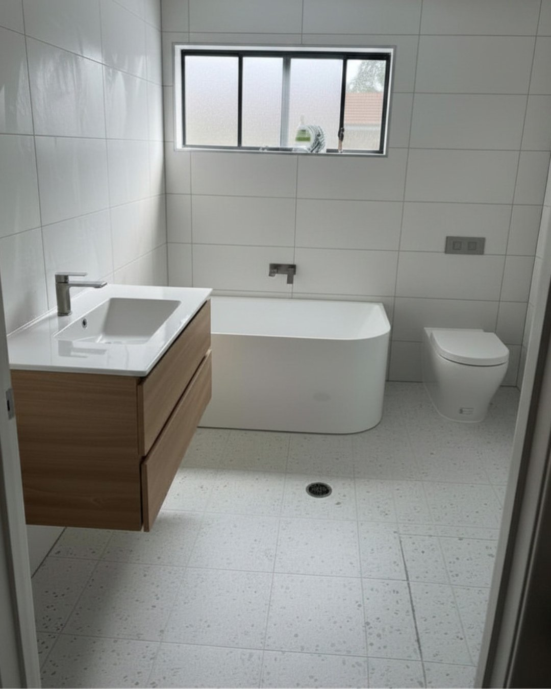 Bathroom, Gwandalan: timber vanity, in-wall cistern and freestanding bath.