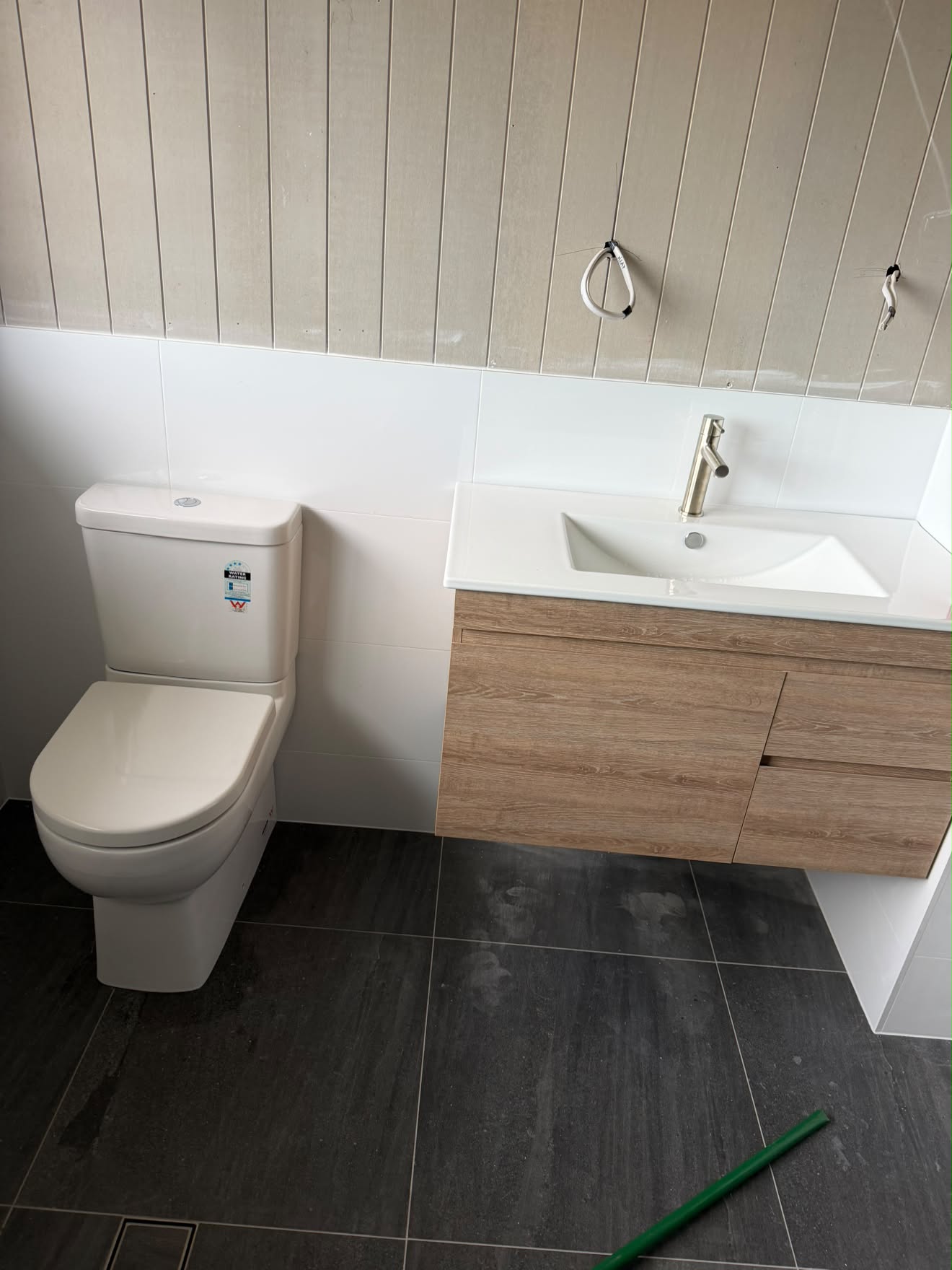 Timber vanity, vessel basin and back-to-wall toilet, Wyee Point.