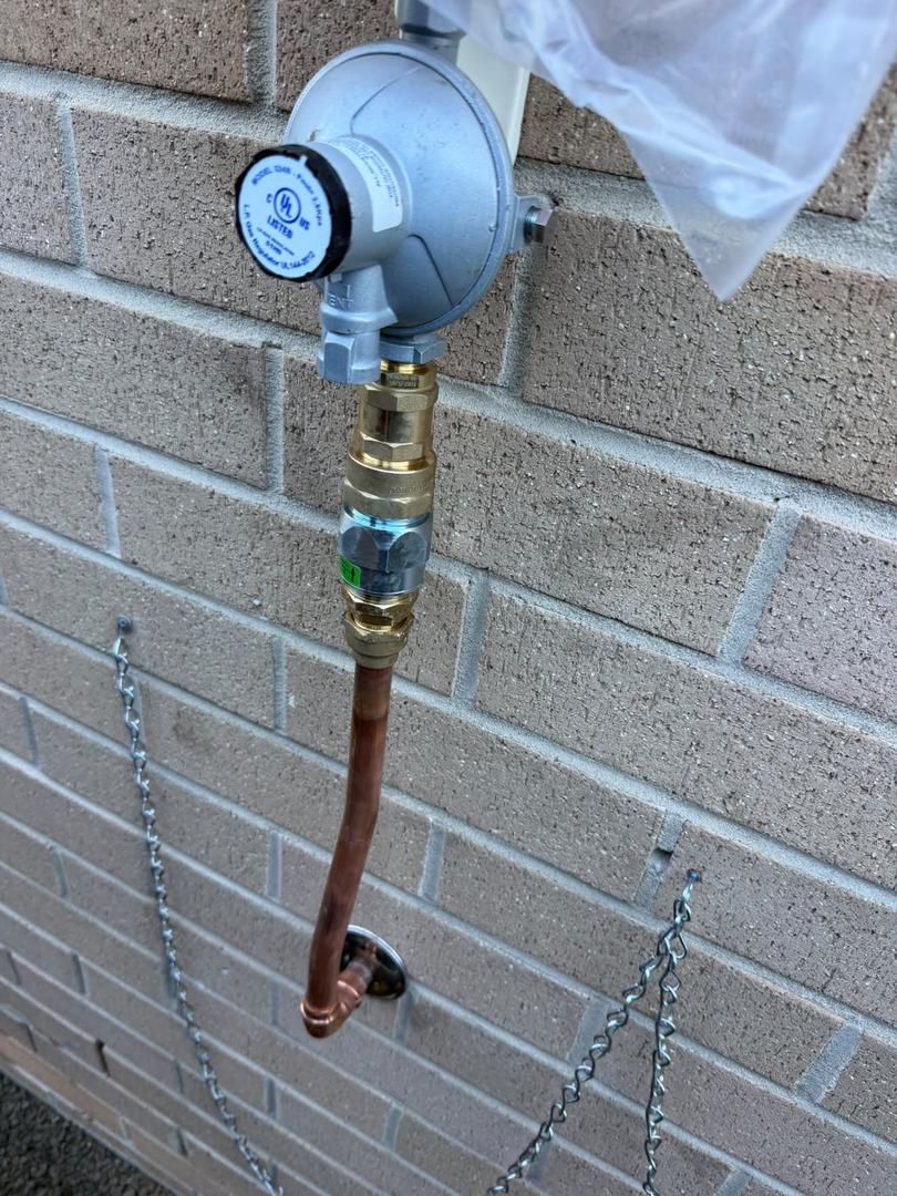 LPG regulator and copper riser sleeved through the brickwork.